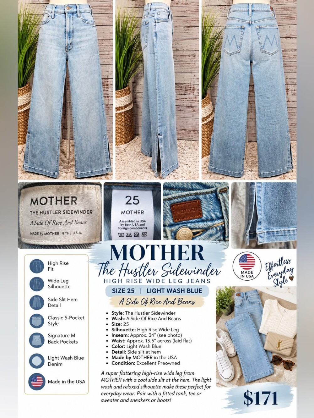MOTHER The Hustler Sidewinder High Rise Wide Leg Jeans 25 A Side of Rice & Beans